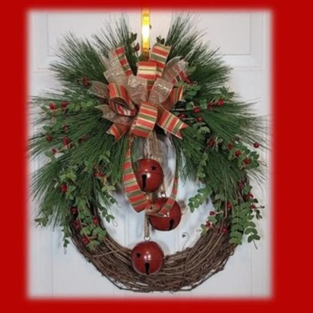 Red Bells, Berries Pine Wreath, Winter Holiday Bells Wreath, Hand Crafted